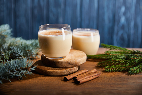 tasty eggnog cocktail on round wooden boards near spruce branches and cinnamon sticks on blue textured background