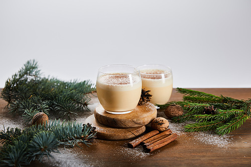 flavored eggnog cocktail on round boards, spruce branches, cinnamon sticks and walnuts isolated on grey
