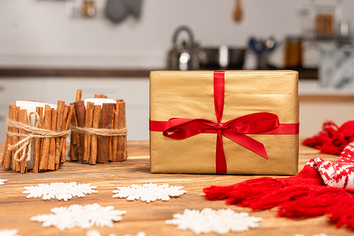 winter decoration and present on wooden table