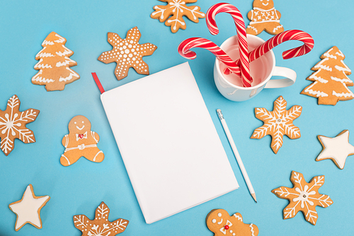 top view of gingerbread cookies, candy canes and blank notebook on blue background