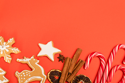 top view of candy canes, spices and gingerbread cookies on red background