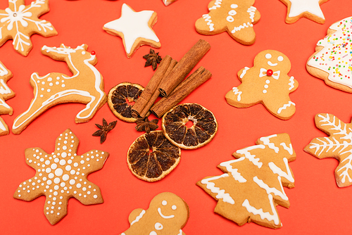 spices and gingerbread cookies on red background