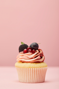 sweet cupcake with cream, berries and garnet on pink surface