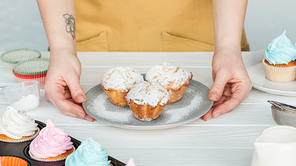 Cropped view of woman holding plate with cupcakes with powdered sugar on grey