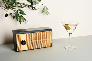 Vintage radio with martini and olive branch on white background