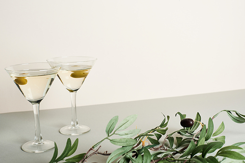Two glasses with cocktails and olive branch on grey surface isolated on white