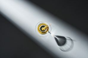 Top view of glass of martini with shadow on grey background