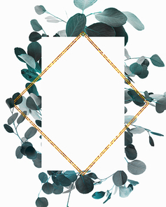 Floral design with green eucalyptus branches and golden frame
