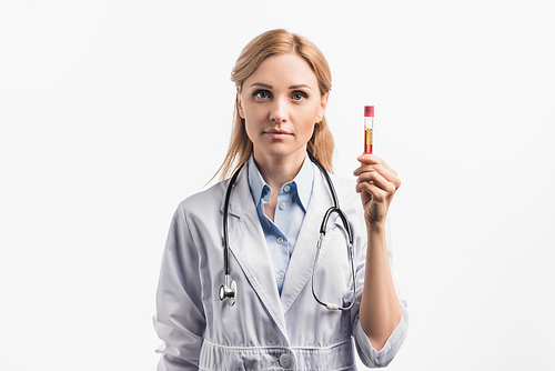 nurse in white coat holding test tube with covid lettering and  isolated on white