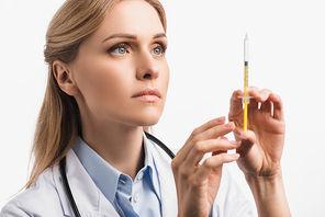 nurse in white coat holding syringe with vaccine isolated on white