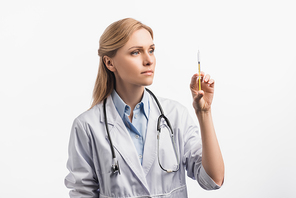 nurse in white coat looking at syringe with vaccine isolated on white