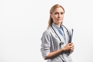 nurse in white coat holding clipboard isolated on white