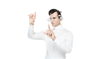 Cyborg in digital eye lens and headphones touching something isolated on white