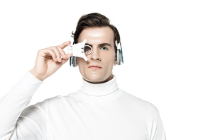 Cyborg in headphones holding digital eye lens isolated on white