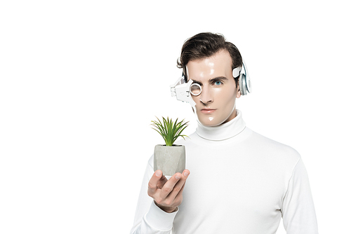 Cyborg in eye lens and headphones holding pot with plant isolated on white