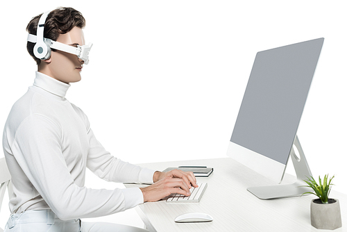 Cyborg in headphones and digital eye lens using computer with blank screen near notebook and plant on blurred foreground isolated on white