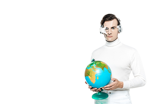 Cyborg man in digital eye lens and headphones holding globe isolated on white