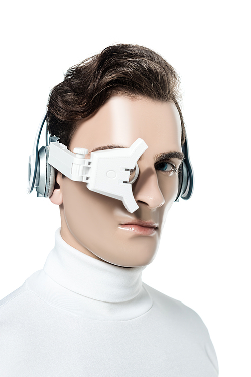 Cyborg man in digital eye lens and headphones  isolated on white