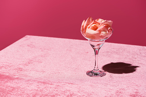 rose petals in glass on velour pink cloth isolated on pink, girlish concept