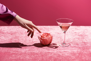 cropped view of woman touching rose near glass with drink on velour cloth isolated on pink, girlish concept