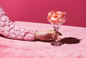 cropped view of woman with petals in glass on velour cloth isolated on pink, girlish concept