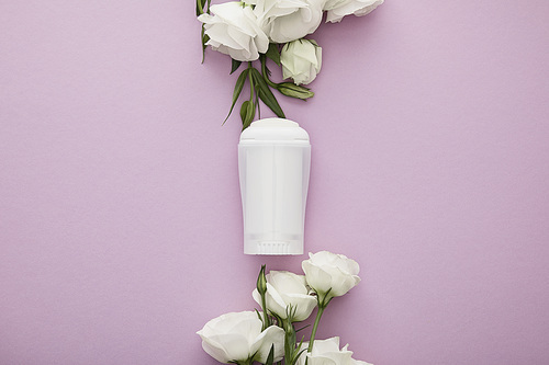 top view of roll on bottle of deodorant on violet background with white roses