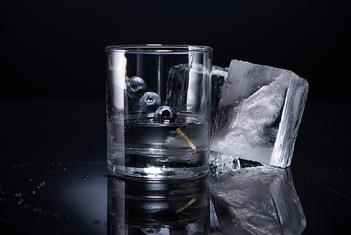 transparent glass with vodka and blueberries near ice cubes on black background