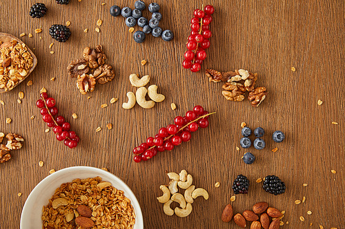 Top view of bowl with granola next to berries, nuts and cereal bars on wooden background