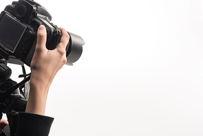 cropped view of professional photographer working with digital camera isolated on white