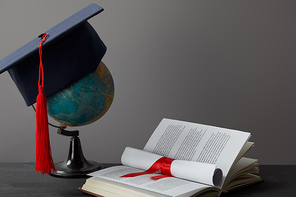 Globe, academic cap, diploma and open book on grey