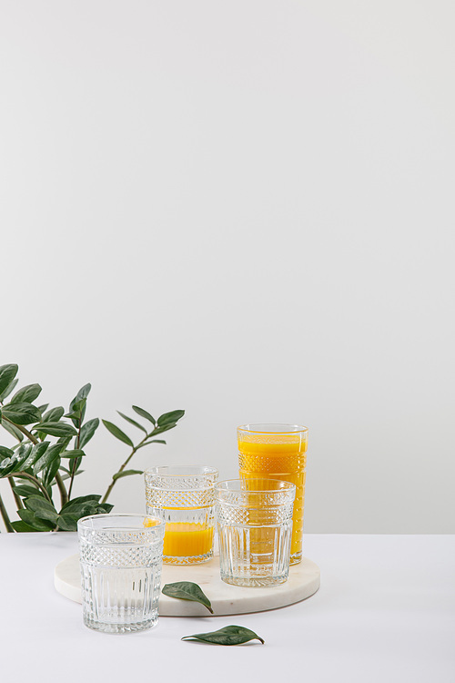 glasses of delicious yellow smoothie on white surface near green plant isolated on grey