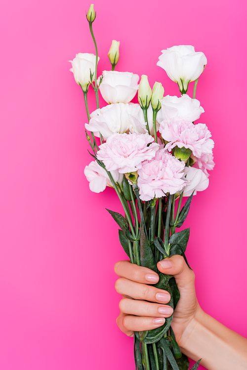 partial view of woman with manicure holding bouquet of carnation and eustoma flowers on pink background