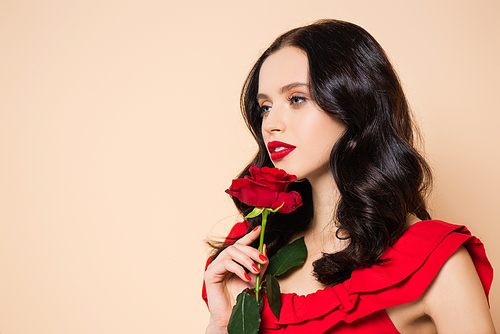 brunette woman with red lips holding rose isolated on pink