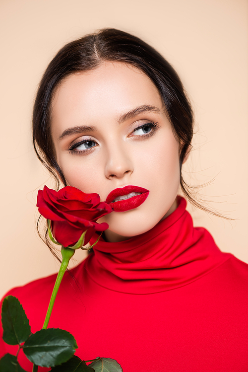 young brunette woman with red lips holding red rose and looking away isolated on pink