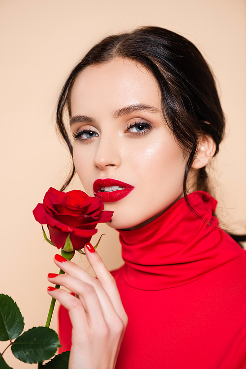 sensual woman with red lips holding red rose and  isolated on pink