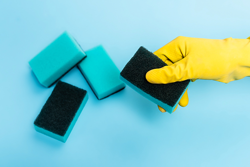 Top view of hand in rubber glove holding sponge on blue background