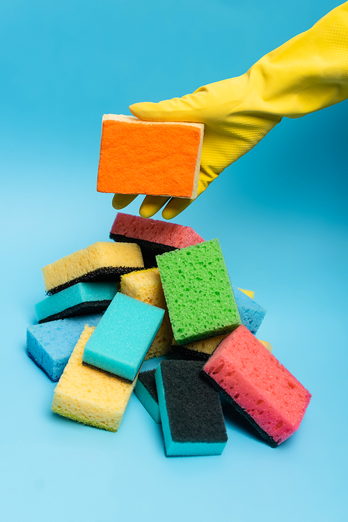 Cropped view of hand in rubber glove holding sponge near colorful sponges on blue background
