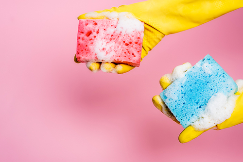 Cropped view of hands in rubber gloves holding colorful sponges with soapsuds on pink background