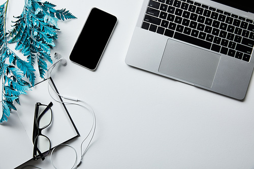 top view of laptop, smartphone, earphones, notepad,  and glasses with blue branch on white surface