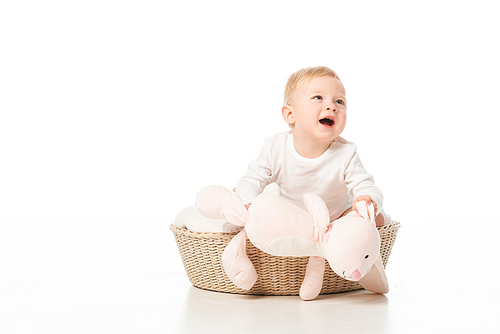 Cute child holding pink bunny, looking up with open mouth inside basket on white background