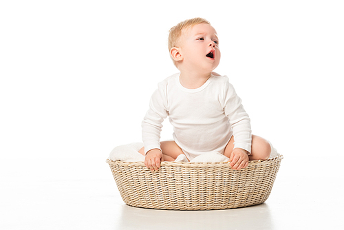 Cute boy looking away with open mouth and sitting inside basket on white background