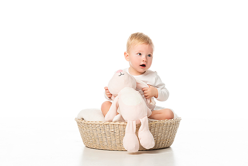 Cute child with open mouth holding pink bunny and sitting in basket on white background