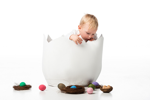 cute child looking at nests and . eggs from eggshell on white background