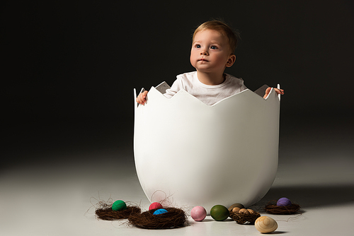 child inside eggshell next to . eggs and nests on black background