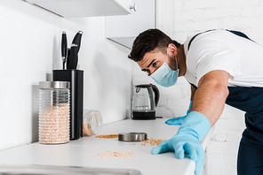 exterminator standing near kitchen cabinet and looking at table with jars