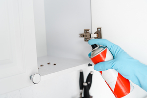 cropped view of exterminator in latex glove holding spray can near kitchen cabinet