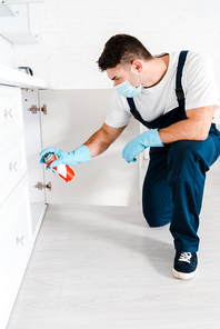 exterminator in blue latex gloves holding spray can near kitchen cabinet