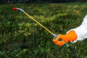 cropped view of exterminator in latex glove holding spray outside