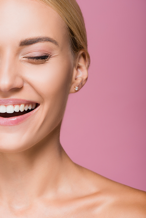 cropped view of laughing beautiful blonde woman with perfect skin isolated on pink