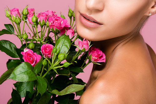 cropped view of beautiful woman with rose bouquet isolated on pink